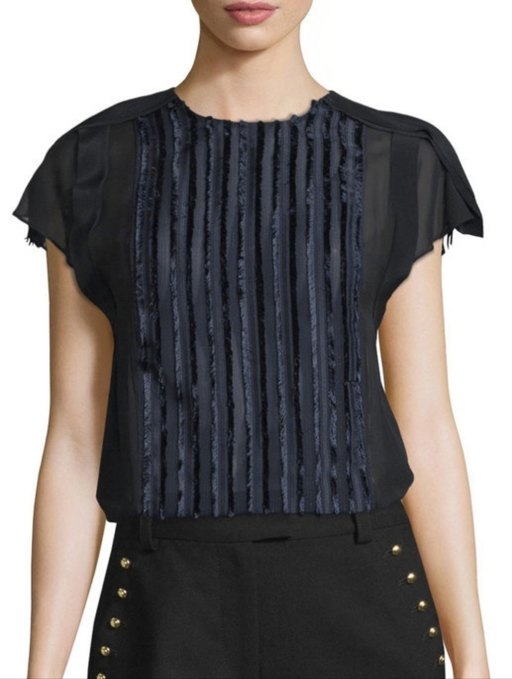 3.1 Phillip Lim Navy Fringe Fil Coupé Mesh Blouse – Textured Statement Top, Sz 6
